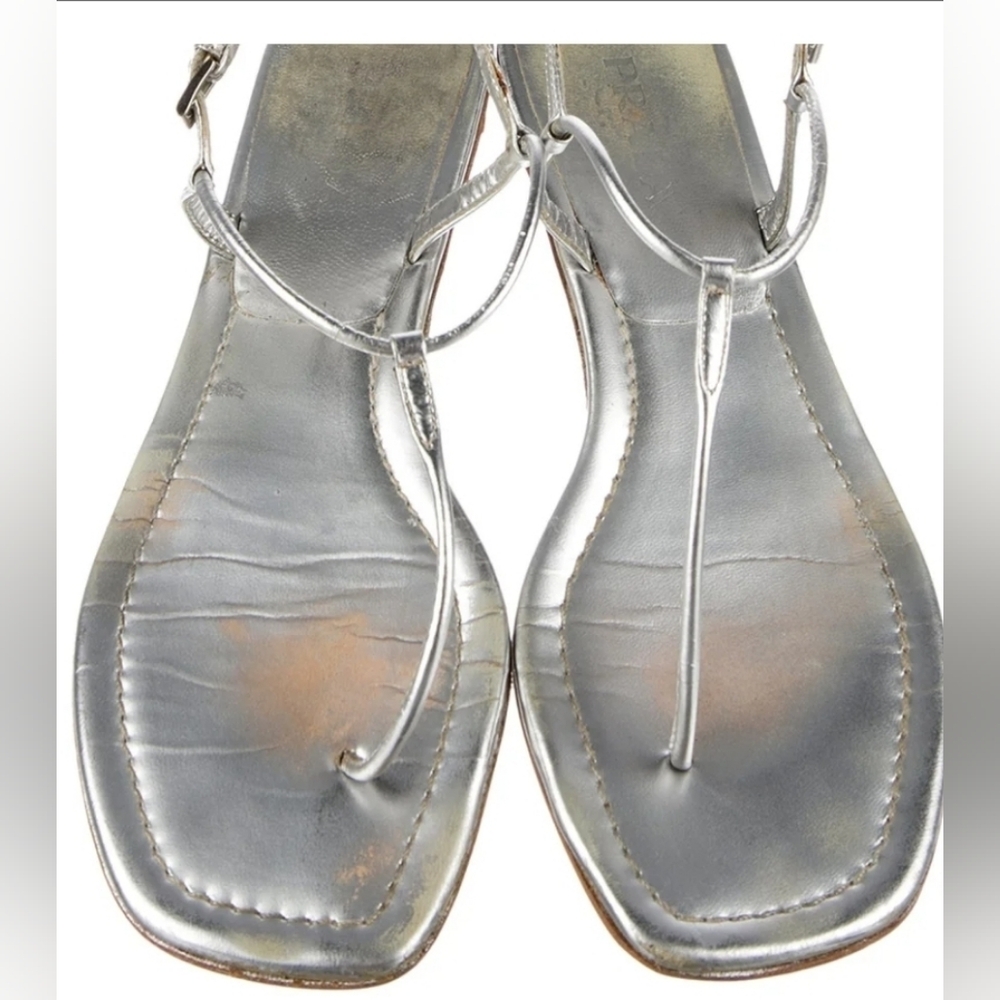 PRADA SILVER LEATHER THONG TSTRAP SLINGBACK Sandals - Picture 5 of 7